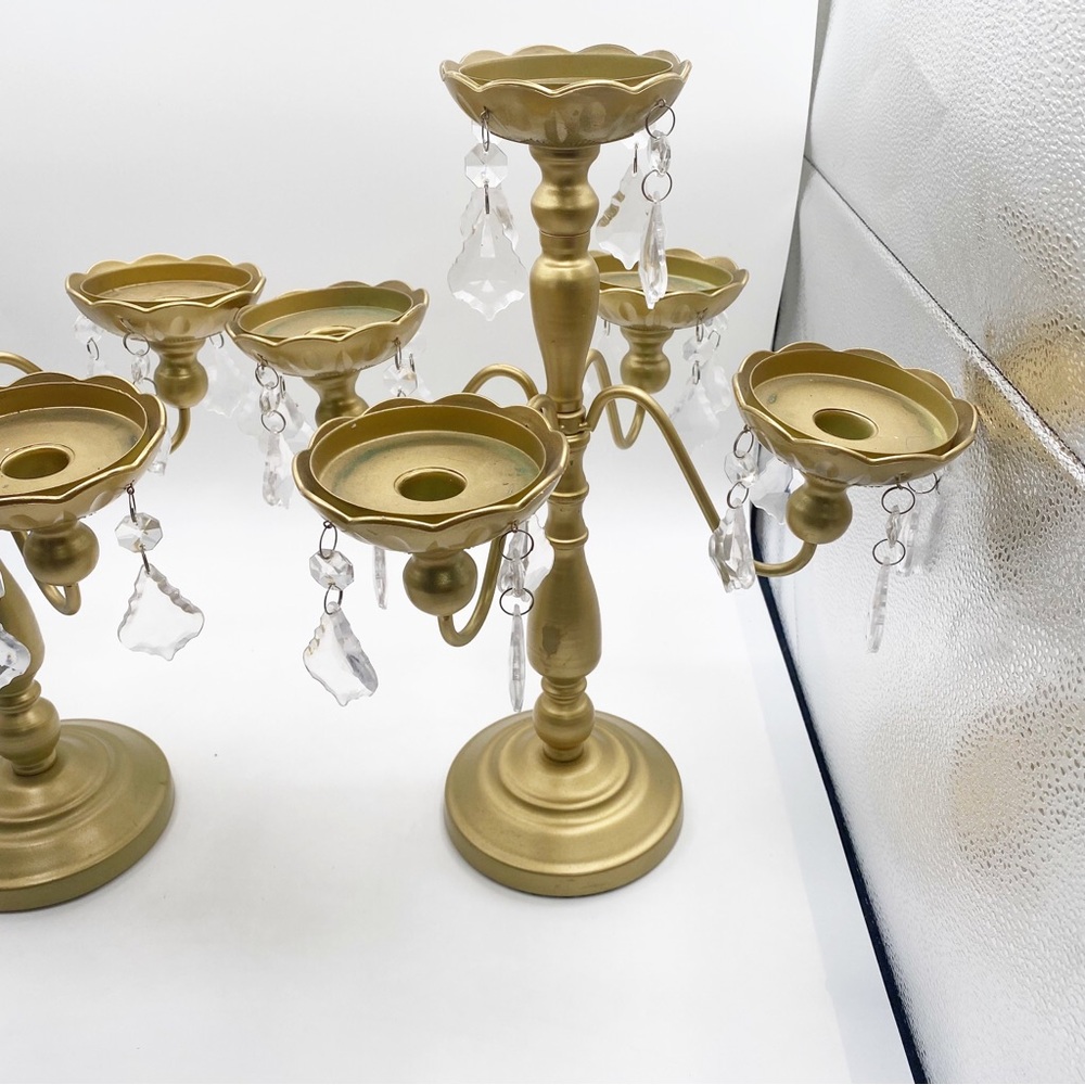 Gold Candelabra Set Candle Stand Crystal Accents Wedding Cute Fancy Elegant - Picture 3 of 10